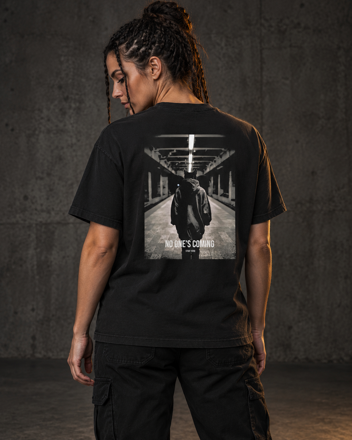 No One's Coming Tee Cinematic, worn, back print, black — AI-generated visual