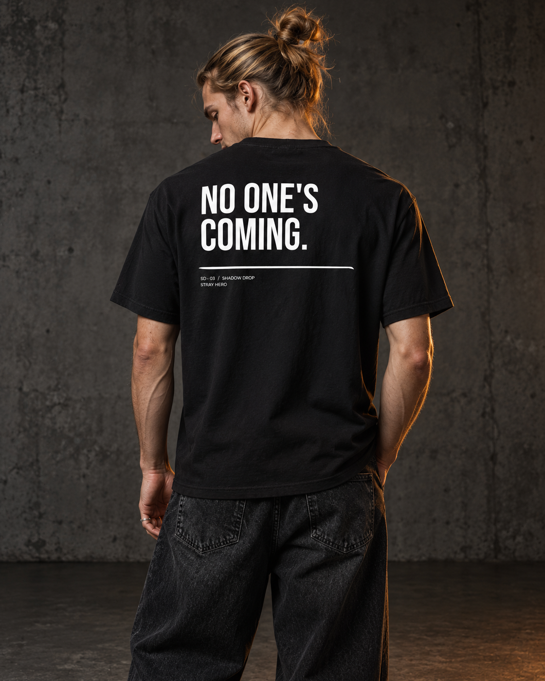 No One's Coming Tee Typography, worn, back print, black — AI-generated visual