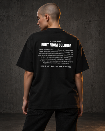Built From Solitude Story Tee Black, worn, back print, black — AI-generated visual