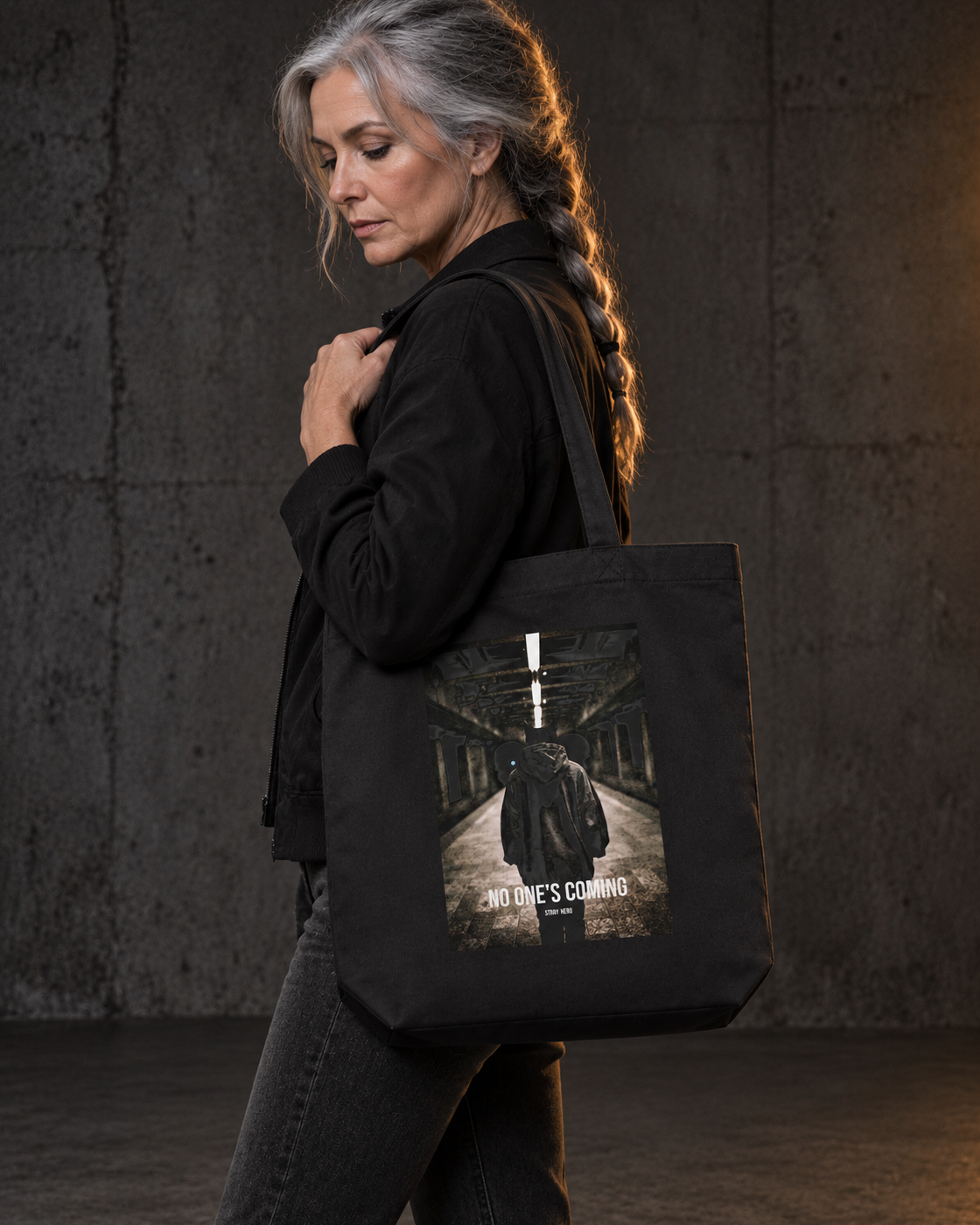 No One's Coming Organic Tote, carried, back print, black — AI-generated visual