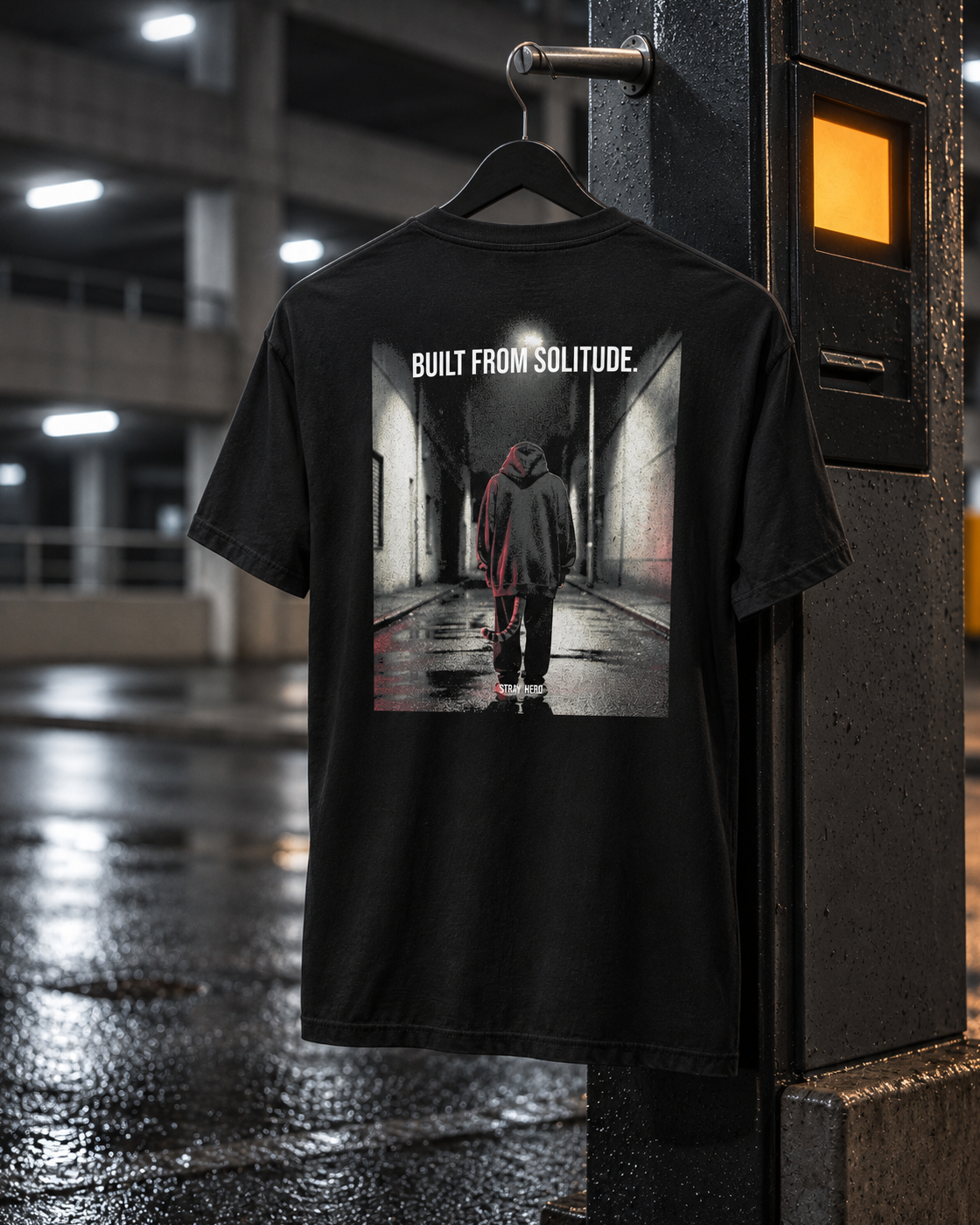 Built From Solitude Tee Cinematic, back print, black, hanging in a parking garage at night — AI-generated visual
