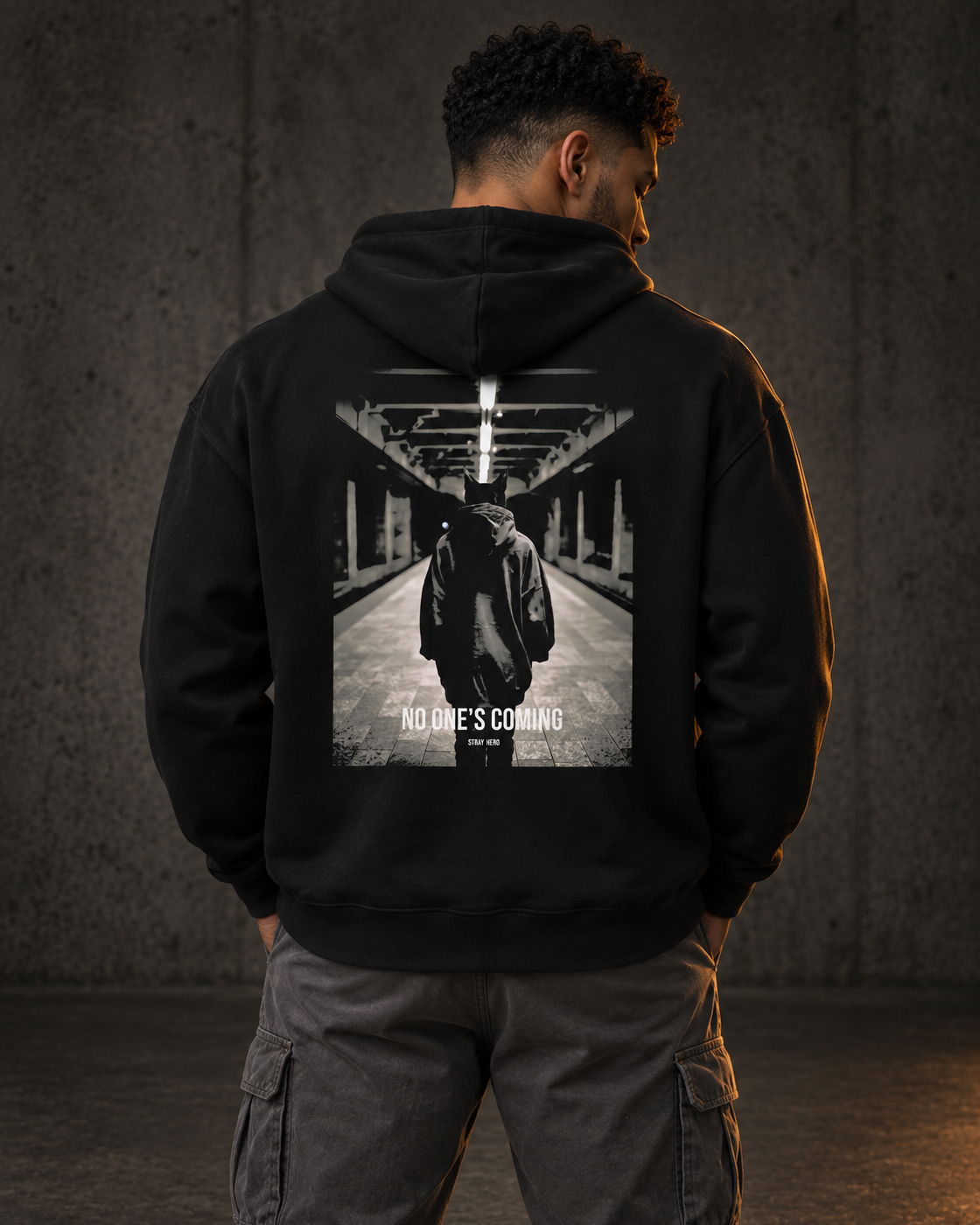No One's Coming Hoodie Cinematic, worn, back print, black — AI-generated visual