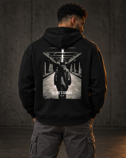 No One's Coming Hoodie Cinematic, worn, back print, black — AI-generated visual