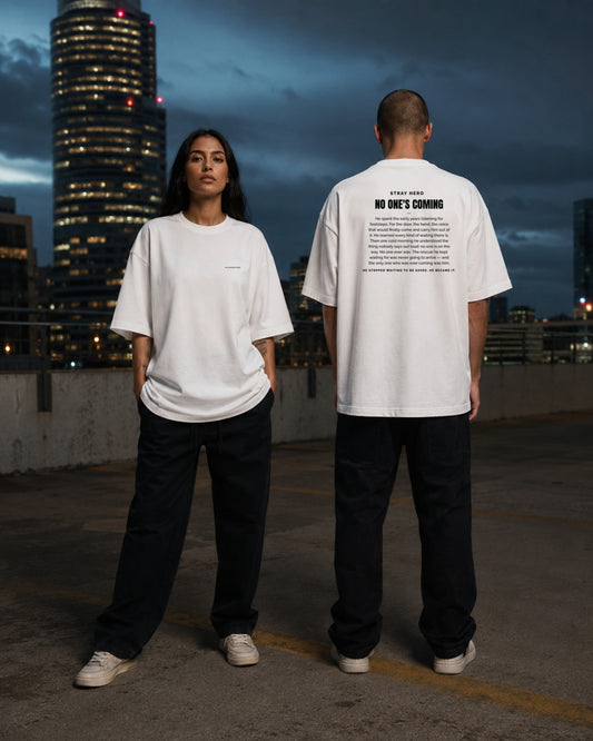 No One's Coming Story Tee White — Lifestyle — AI-generated visual