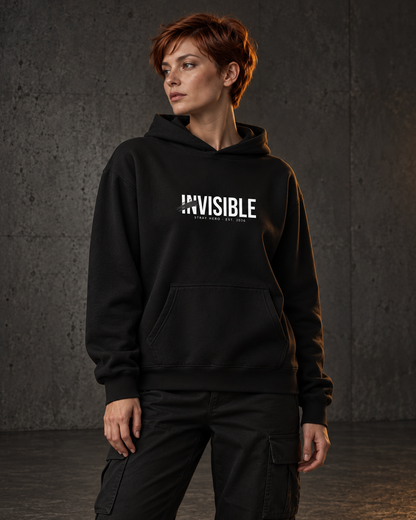 Invisible Hoodie, worn, front print, black — AI-generated visual