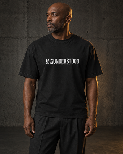 Misunderstood Tee, worn, front print, black — AI-generated visual