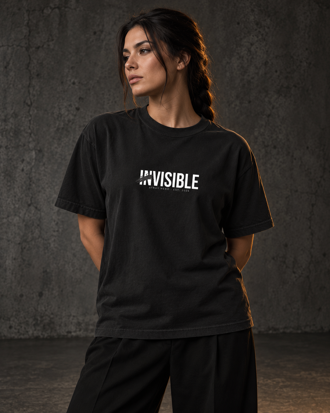 Invisible Tee, worn, front print, black — AI-generated visual