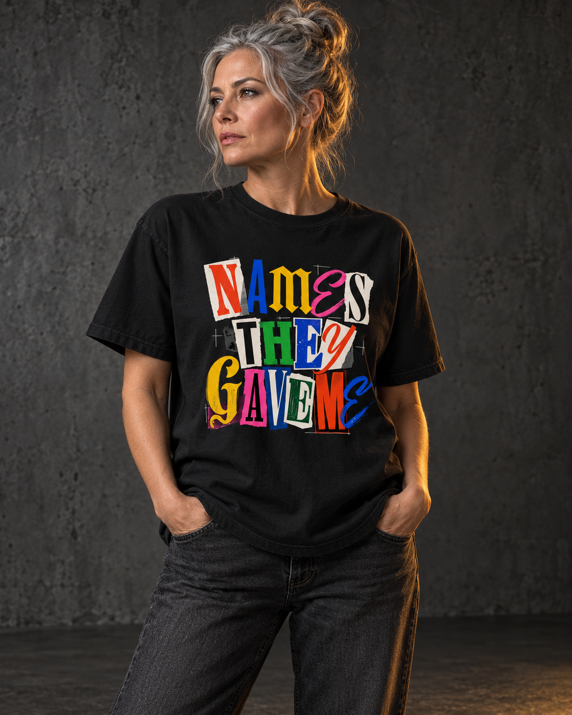 Names They Gave Me Tee, worn, front print, black — AI-generated visual