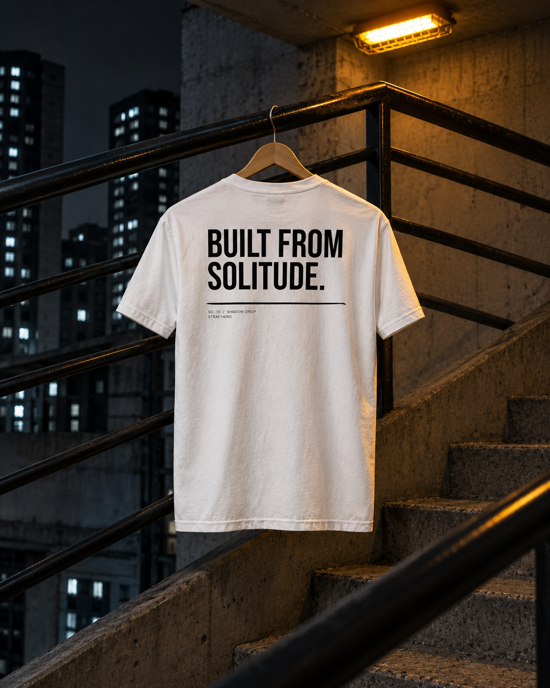 Built From Solitude Tee White, back print, white, hanging on a stair railing in a concrete stairwell — AI-generated visual