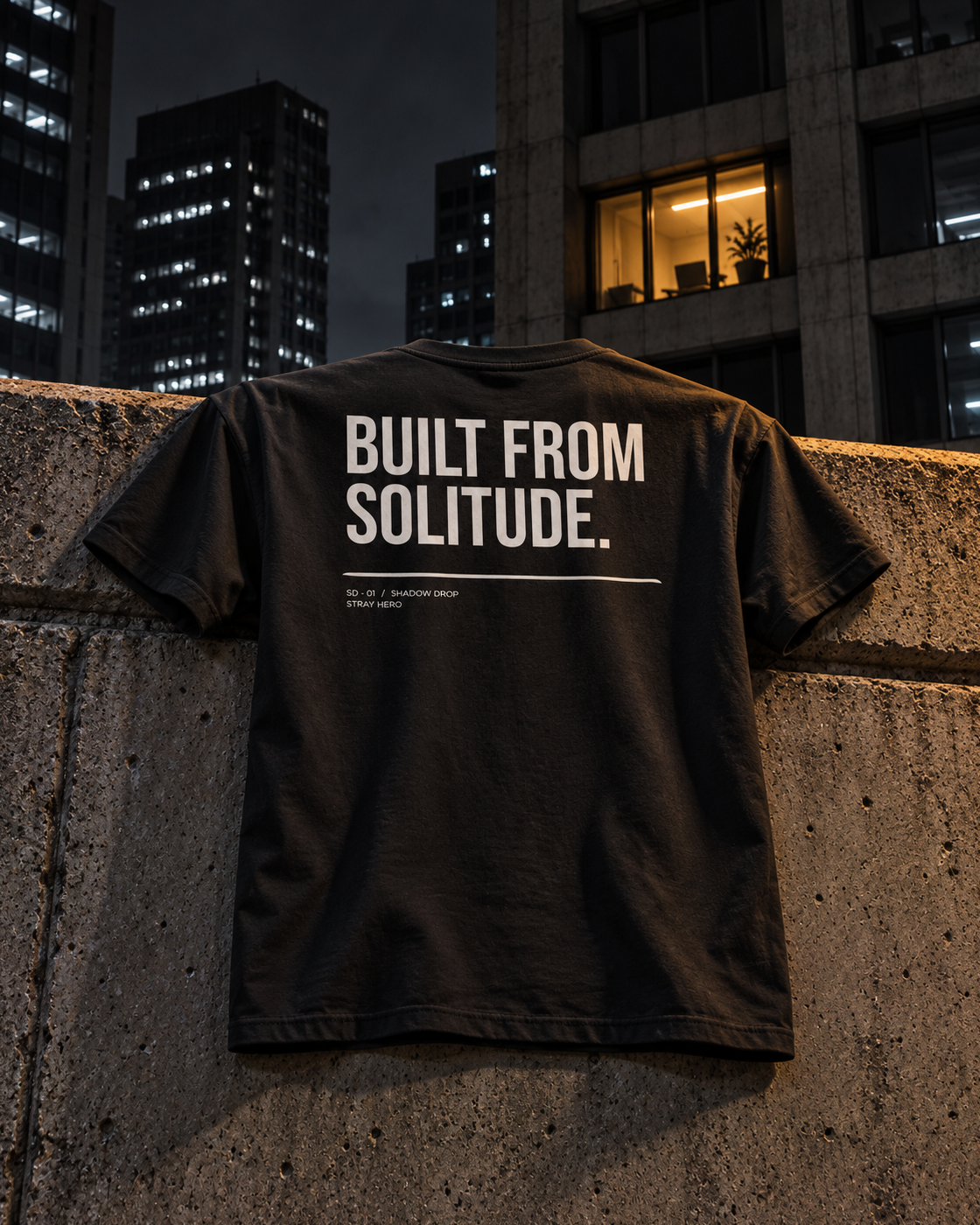 Built From Solitude Tee Typography, back print, black, draped over a concrete wall on a parking deck at night — AI-generated visual