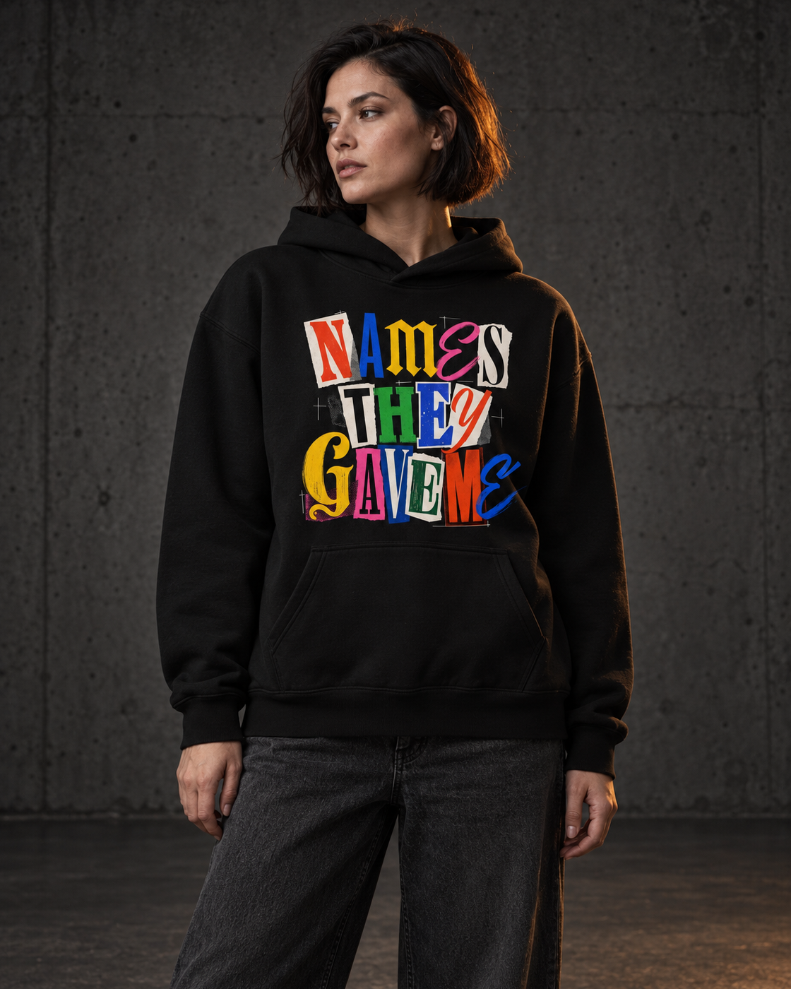 Names They Gave Me Hoodie, worn, front print, black — AI-generated visual