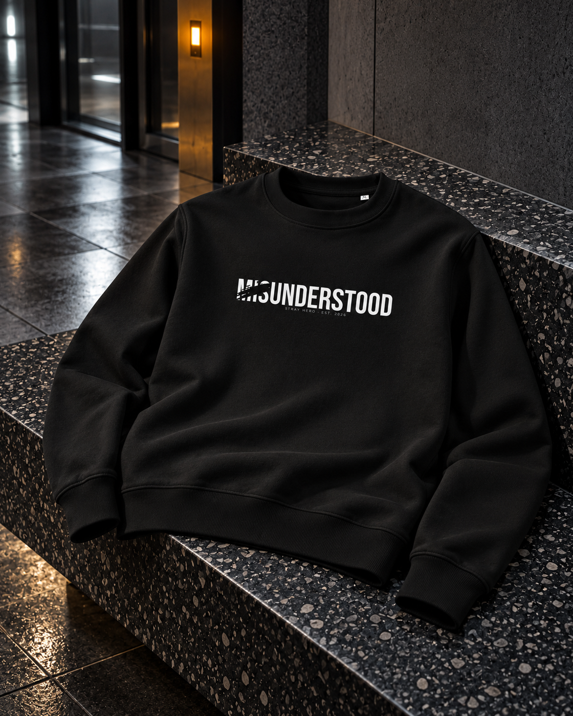 Misunderstood Sweatshirt, front print, black, laid on a stone ledge in a hallway — AI-generated visual