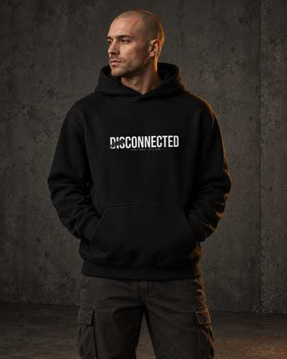 Disconnected Hoodie, worn, front print, black — AI-generated visual