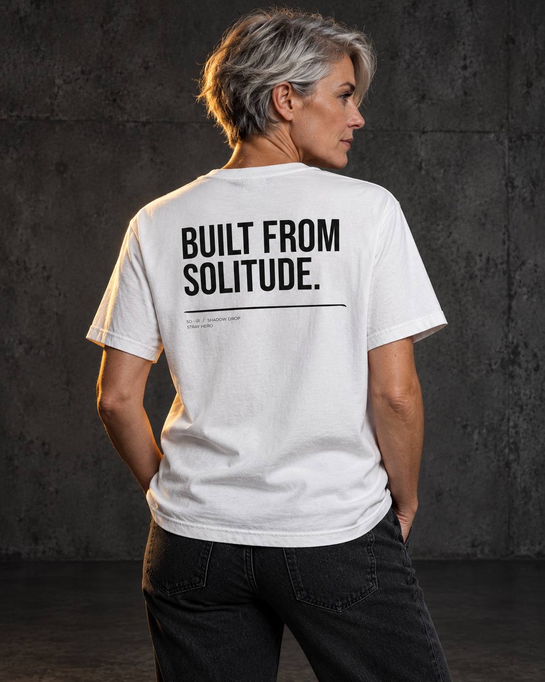 Built From Solitude Tee White, worn, back print, white — AI-generated visual