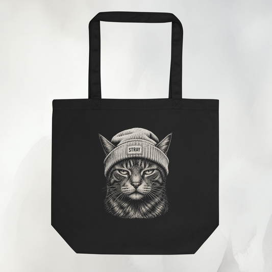 Schwarze Bio-Baumwoll-Tote mit Beanie-Cat-Porträt in Creme