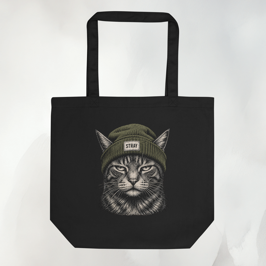 Schwarze Bio-Baumwoll-Tote mit Beanie-Cat-Porträt in Oliv
