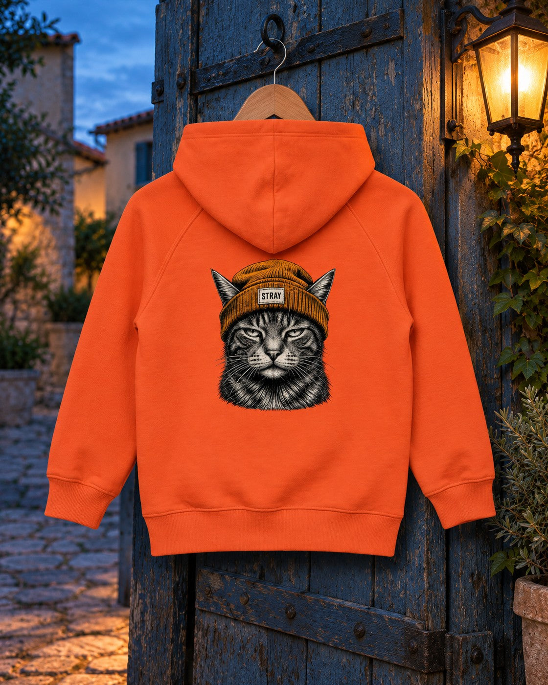 Ember Kids Hoodie Orange, back print, orange, hanging on a weathered wooden door under a lantern in an old town lane at dusk — AI-generated visual