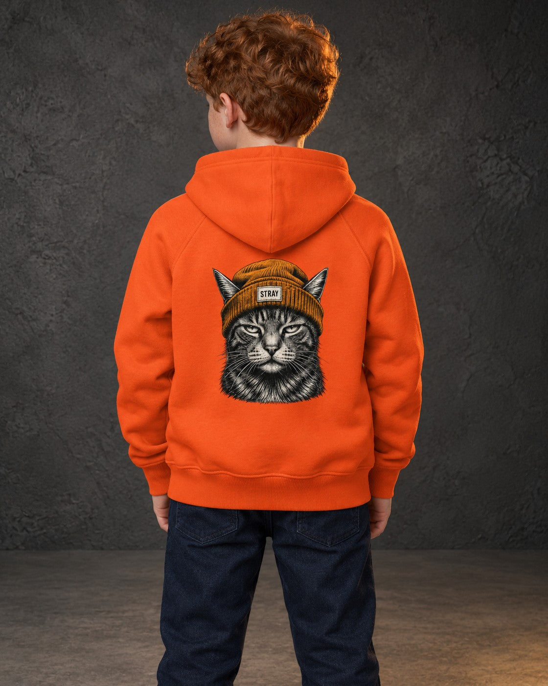 Ember Kids Hoodie Orange, worn, back print, orange — AI-generated visual