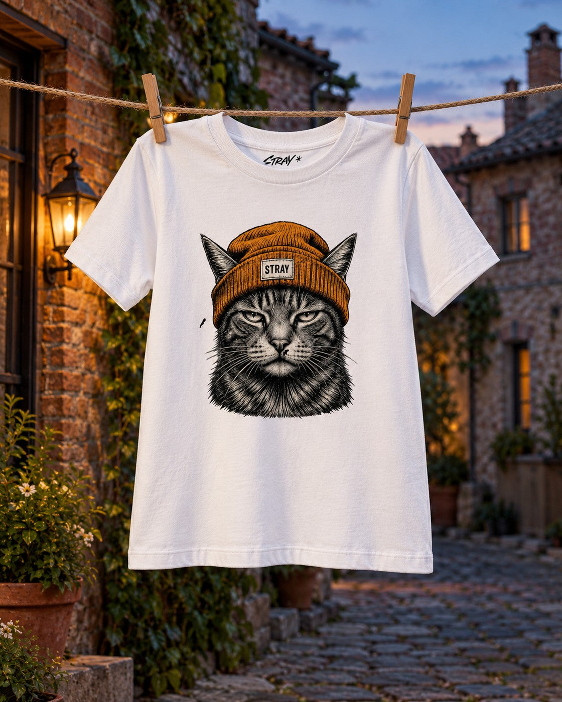 Ember Kids Tee White, front print, white, pegged to a clothesline in a cobbled courtyard at dusk — AI-generated visual