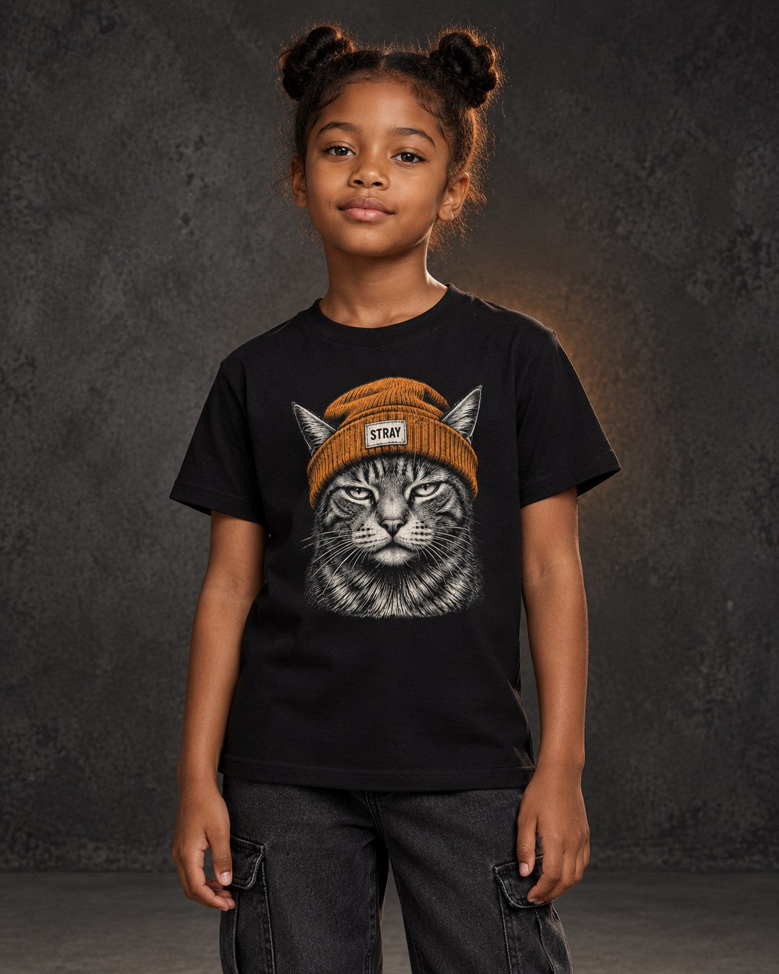 Ember Kids Tee, worn, front print, black — AI-generated visual