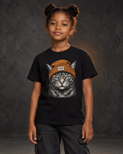 Ember Kids Tee, worn, front print, black — AI-generated visual