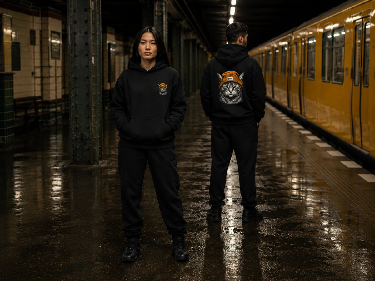 Beanie Cat Hoodie Ember — Stray Hero Lifestyle — AI-generated visual