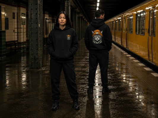 Beanie Cat Hoodie Ember — Stray Hero Lifestyle — AI-generated visual
