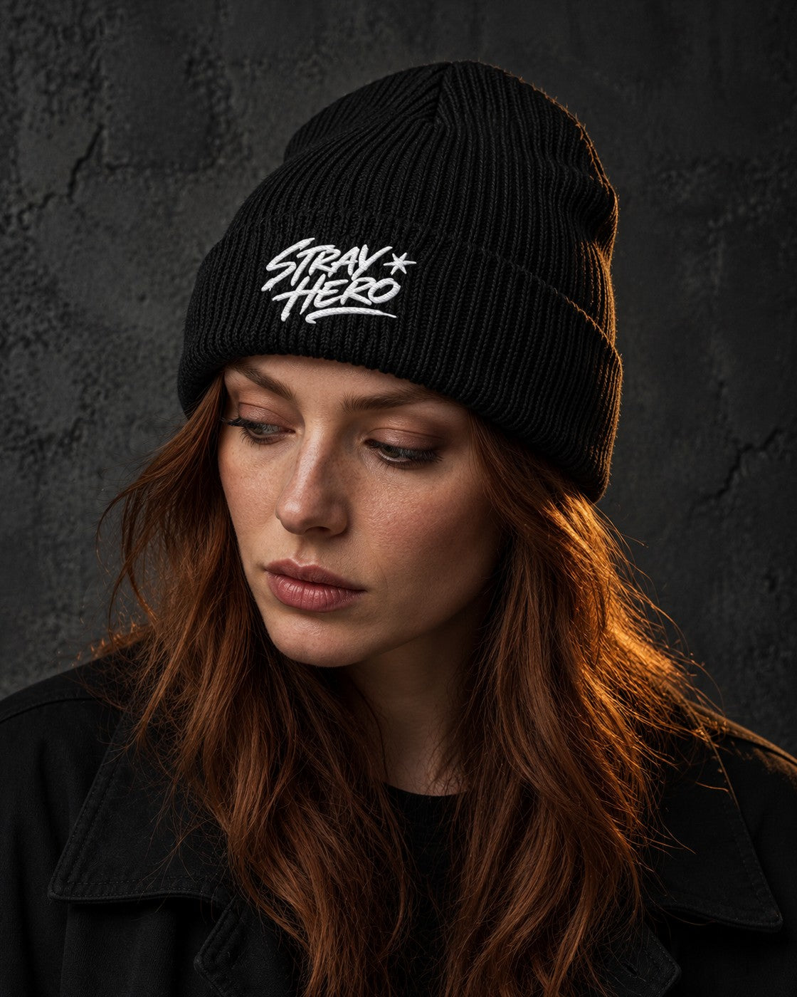 Signature Fisherman Beanie, worn, front embroidery, black — AI-generated visual