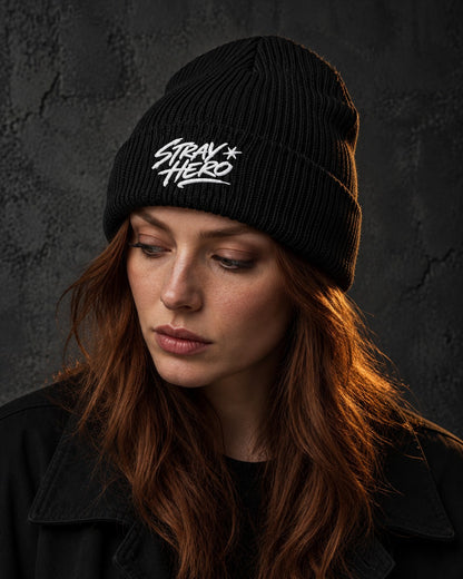Signature Fisherman Beanie, worn, front embroidery, black — AI-generated visual