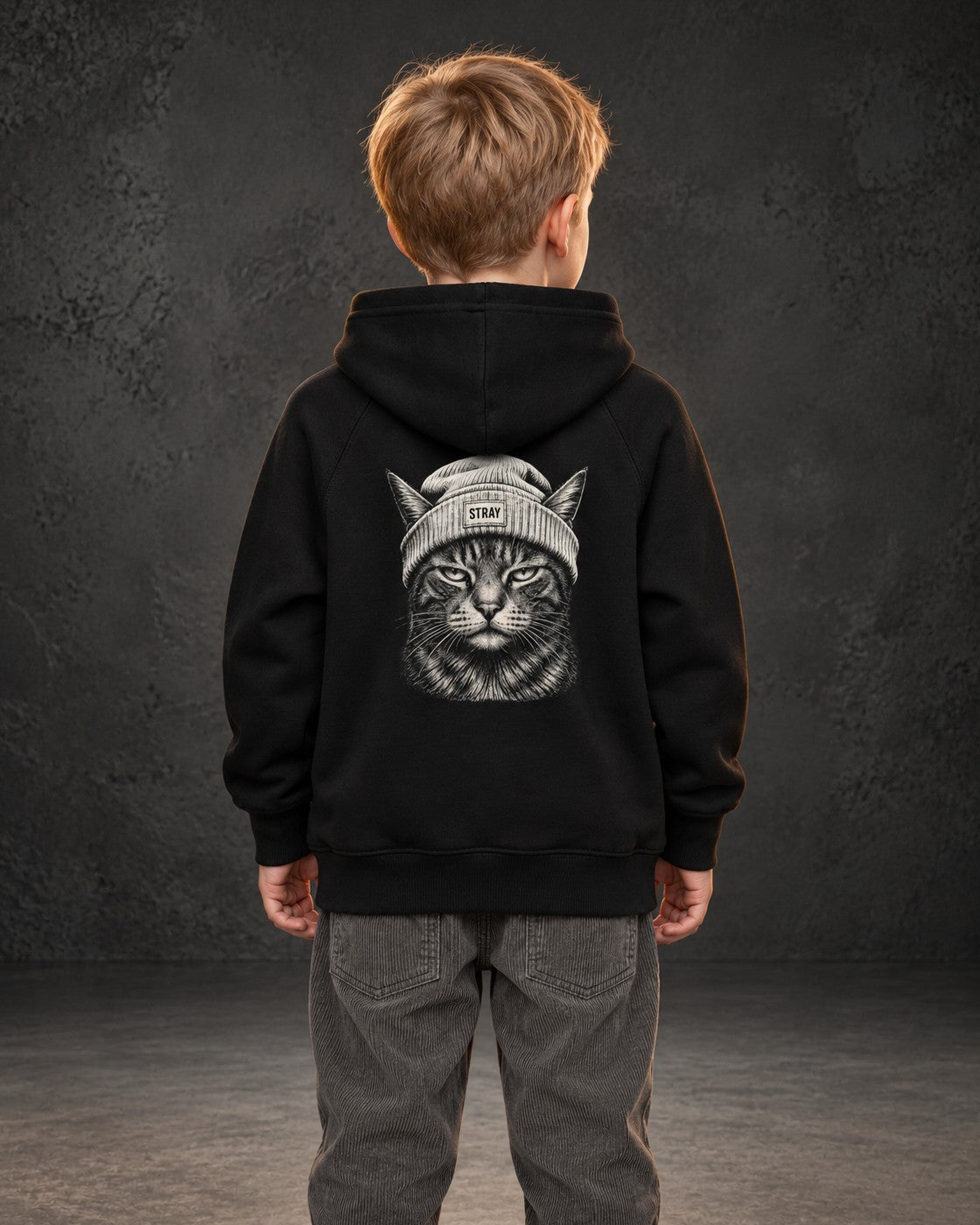 Ghost Kids Hoodie, worn, back print, black — AI-generated visual