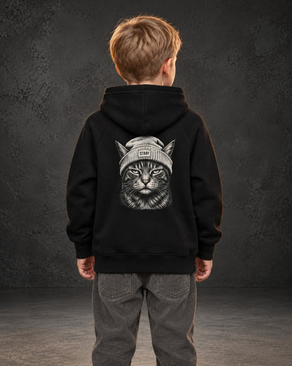 Ghost Kids Hoodie, worn, back print, black — AI-generated visual