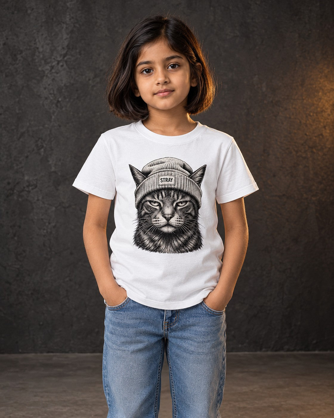 Ghost Kids Tee White, worn, front print, white — AI-generated visual