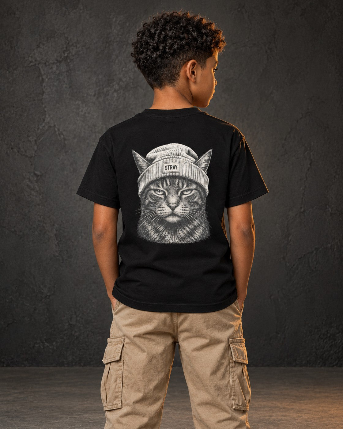 Ghost Kids Tee, worn, back print, black — AI-generated visual