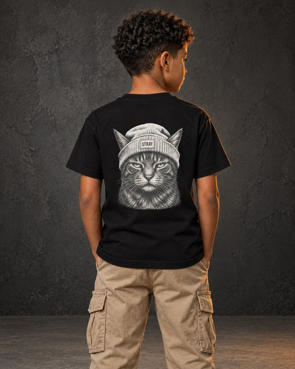 Ghost Kids Tee, worn, back print, black — AI-generated visual