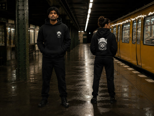 Beanie Cat Hoodie Ghost — Stray Hero Lifestyle — AI-generated visual
