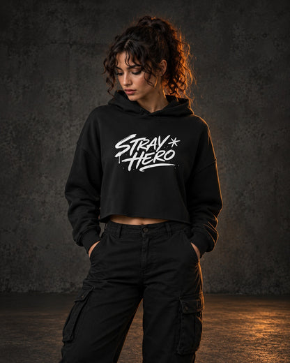 Tagger Crop Hoodie, worn, front print, black — AI-generated visual