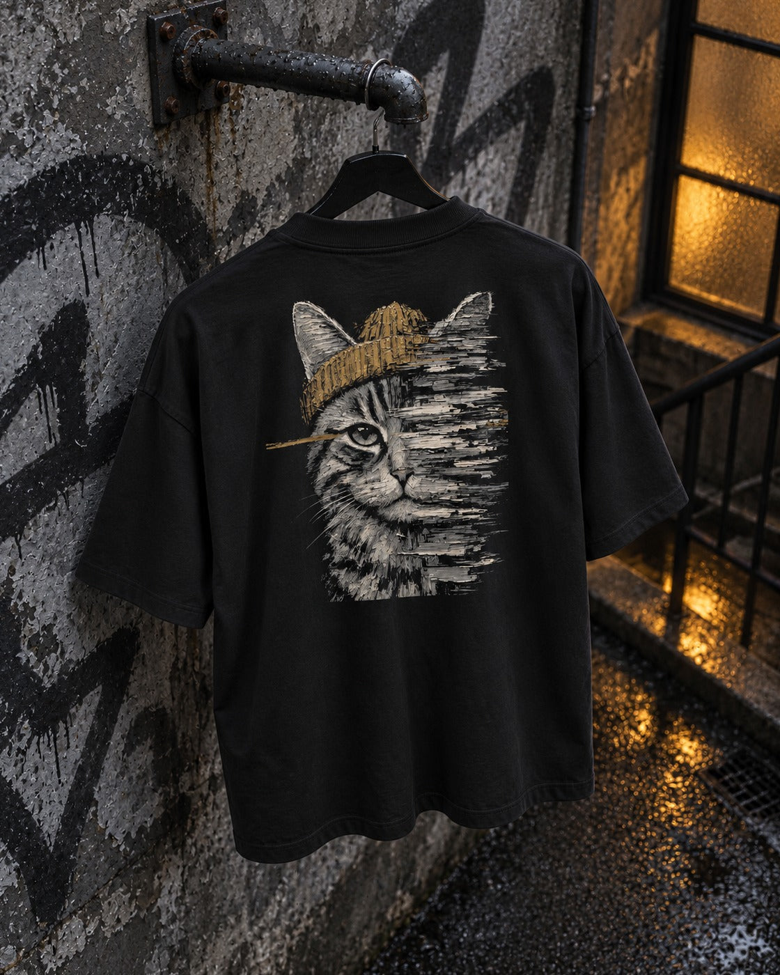 Half the Story Oversized Tee, back print, black, hanging from a pipe on a graffiti wall beside a lit window at night — AI-generated visual
