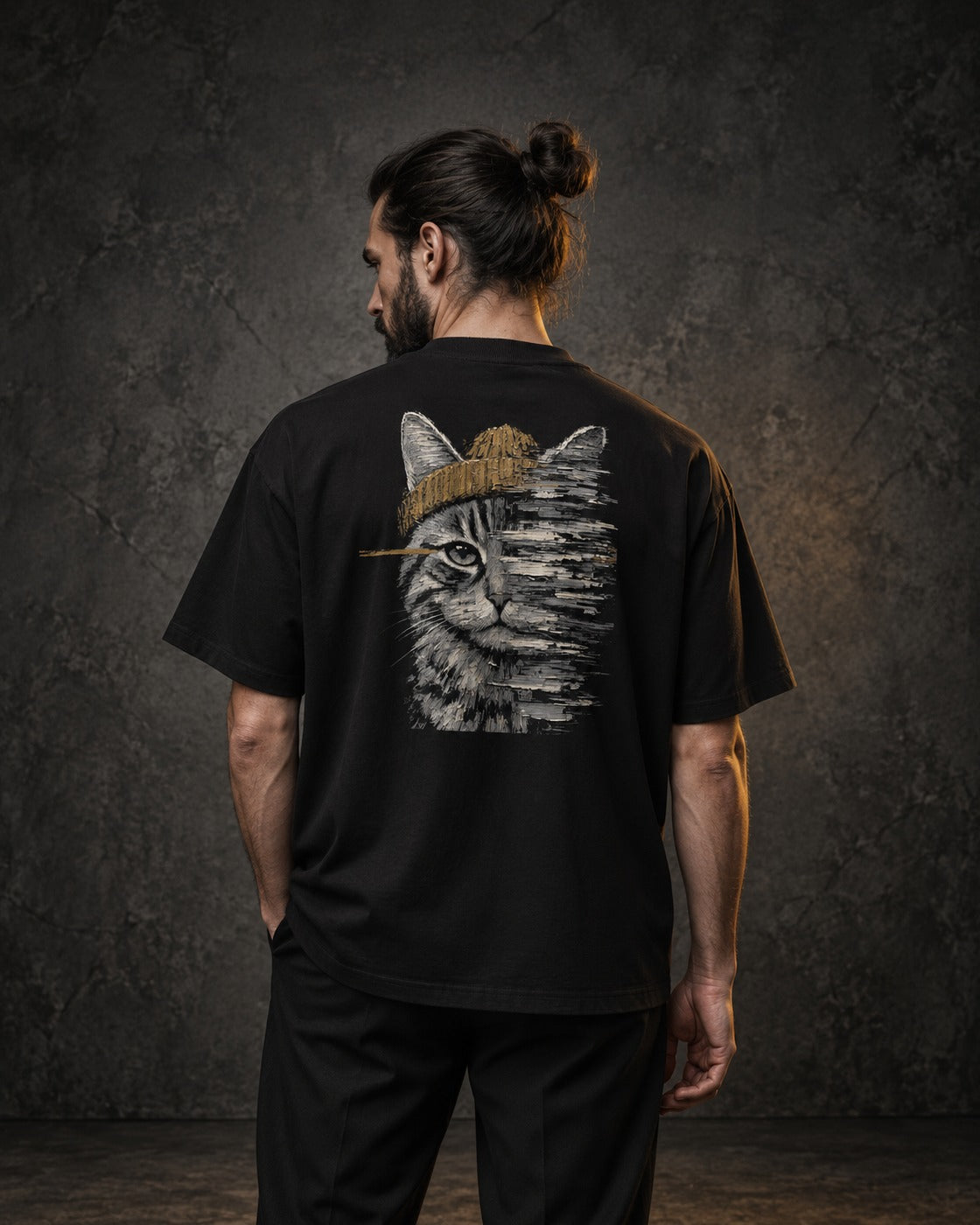 Half the Story Oversized Tee, worn, back print, black — AI-generated visual