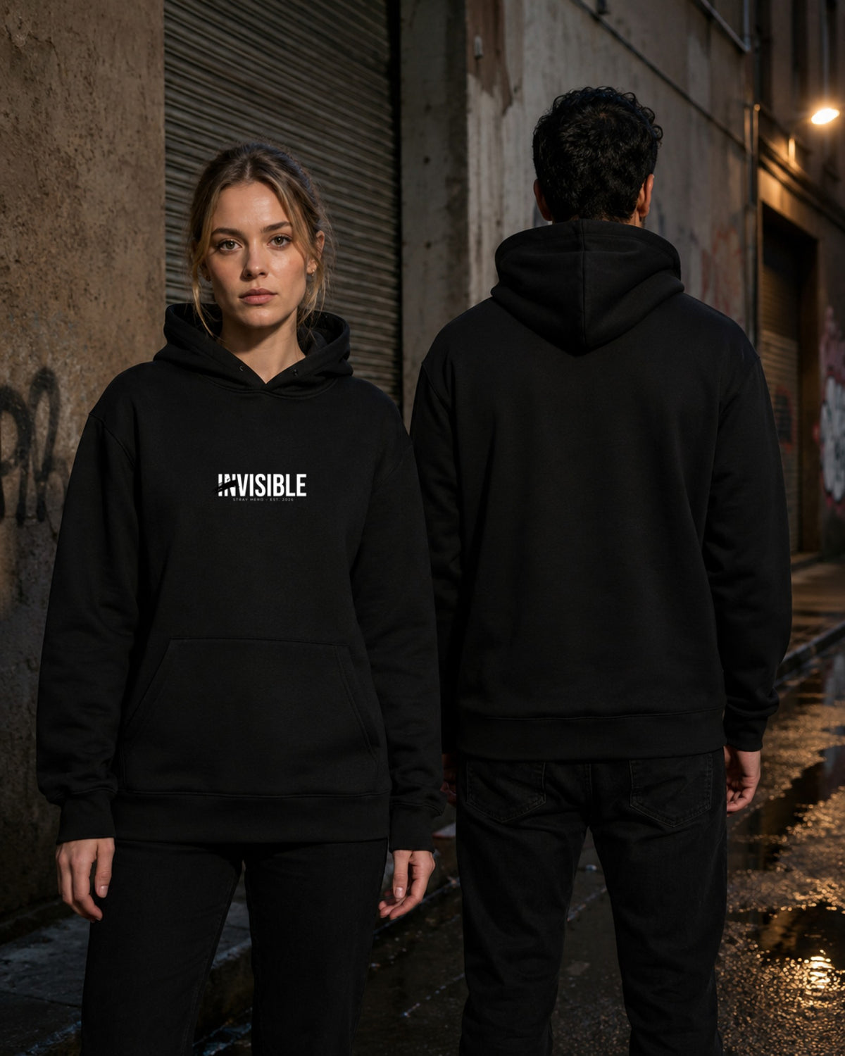 Invisible Hoodie — Stray Hero Lifestyle — AI-generated visual