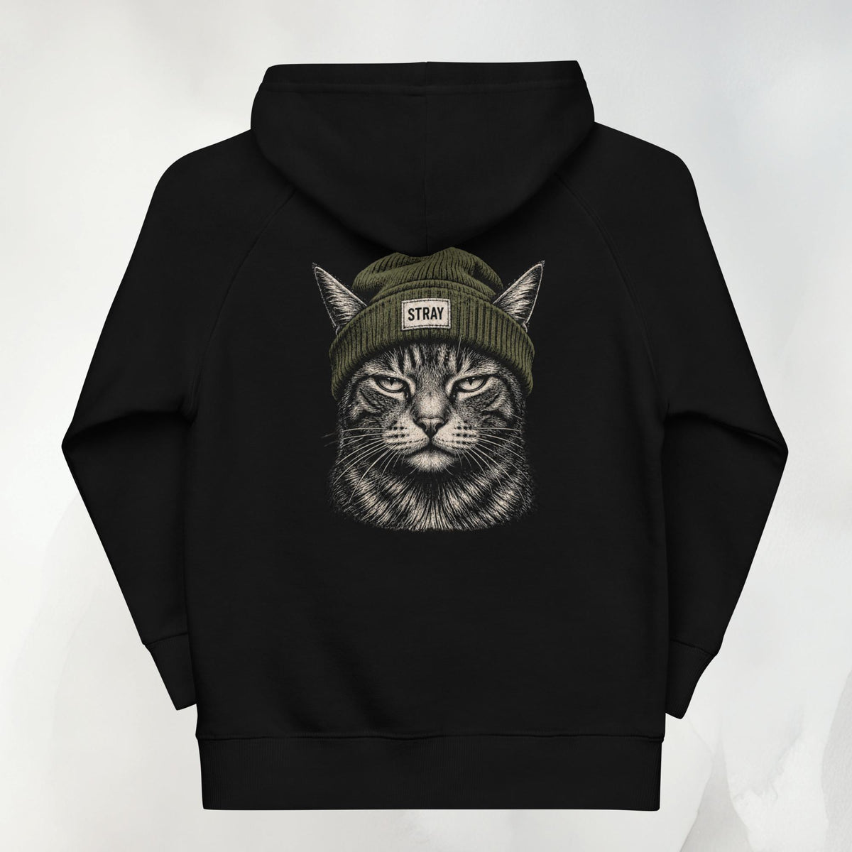 Shade Kids Hoodie in Schwarz mit Beanie-Cat-Print in Oliv auf dem Rücken
