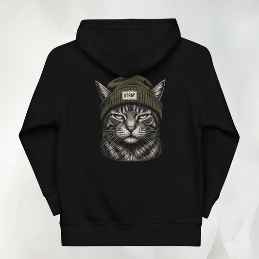 Shade Kids Hoodie in Schwarz mit Beanie-Cat-Print in Oliv auf dem Rücken