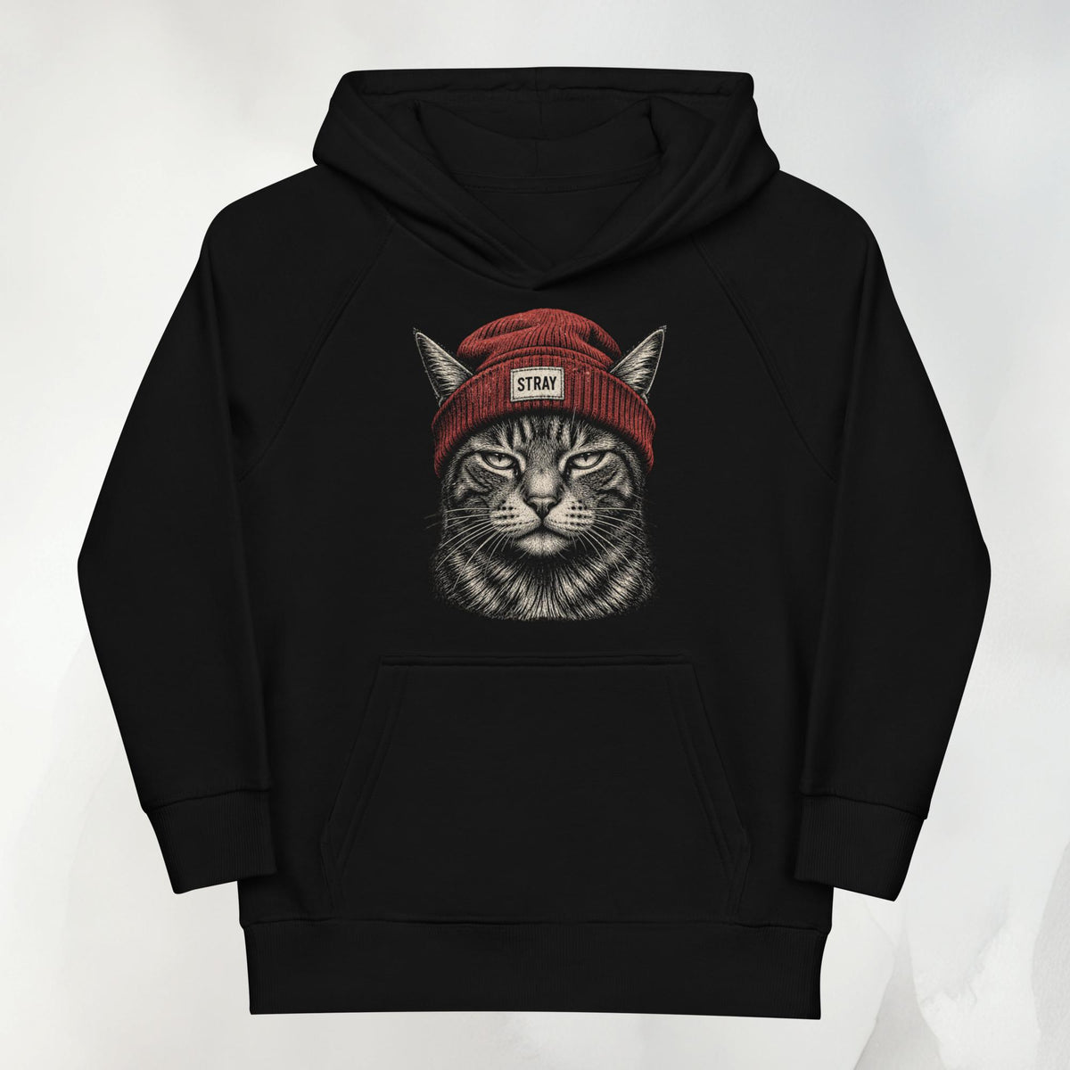 Rogue Kids Hoodie in Schwarz mit Beanie-Cat-Print in Rot auf der Brust