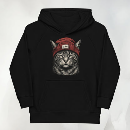 Rogue Kids Hoodie in Schwarz mit Beanie-Cat-Print in Rot auf der Brust