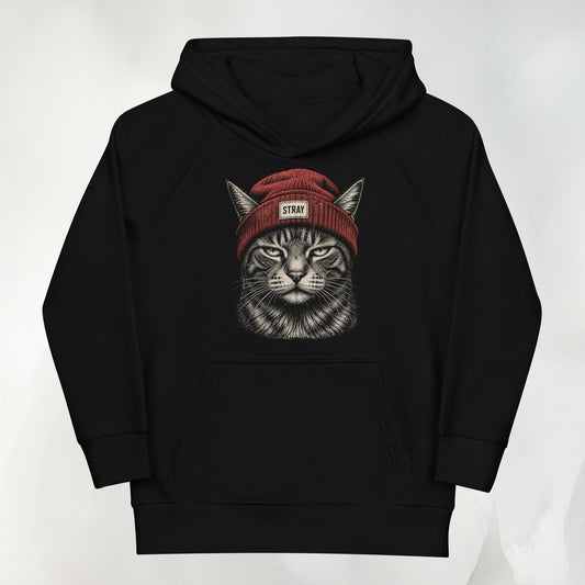 Rogue Kids Hoodie in Schwarz mit Beanie-Cat-Print in Rot auf der Brust