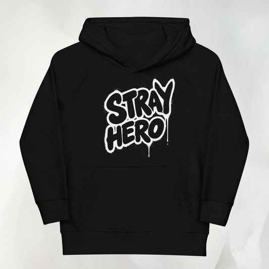 Stray Hero Kids Hoodie in Schwarz mit Graffiti-Schriftzug in Creme auf der Brust