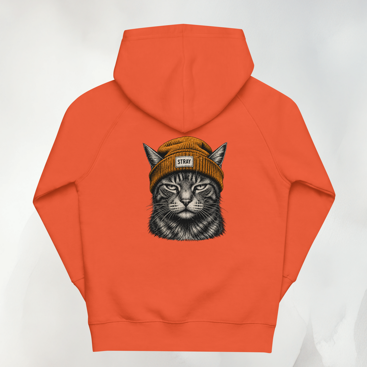 Ember Kids Hoodie in Orange mit großem Beanie-Cat-Print in Amber auf dem Rücken