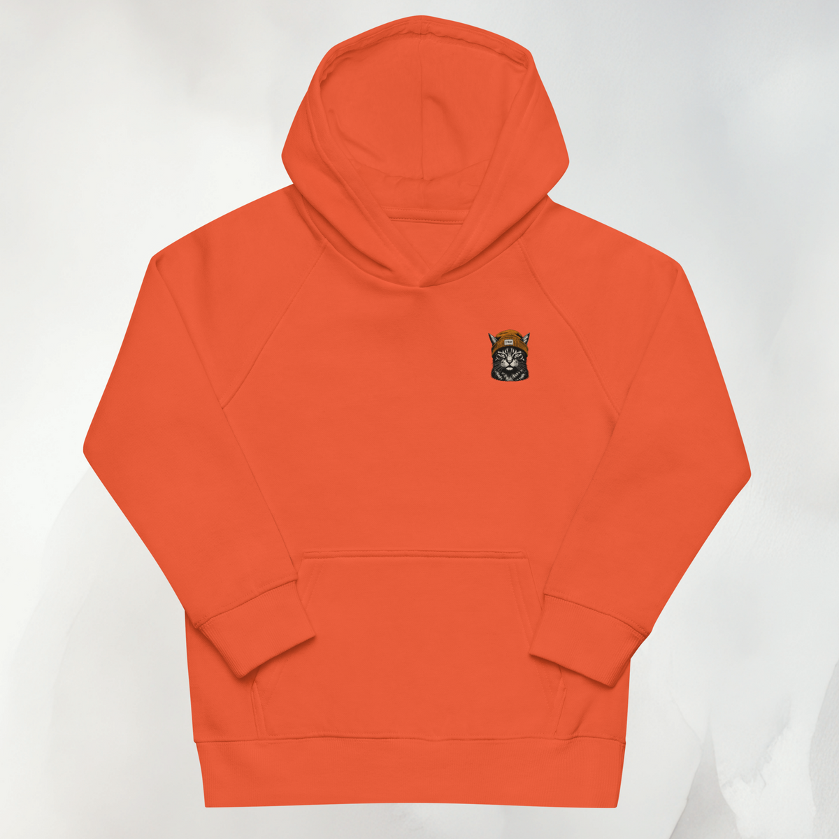 Ember Kids Hoodie in Orange mit kleinem Beanie-Cat-Patch auf der Brust
