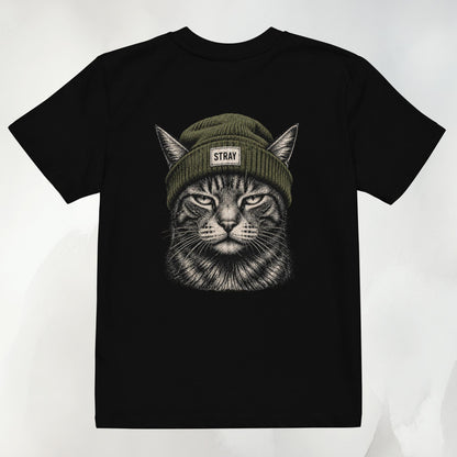 Shade Kids Tee in Schwarz mit Beanie-Cat-Print in Oliv auf dem Rücken