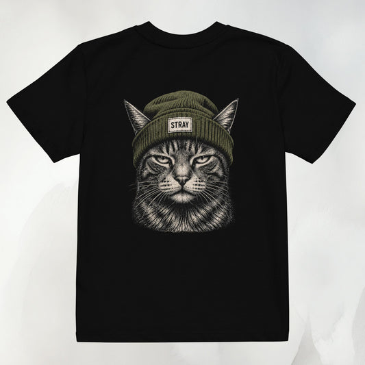 Shade Kids Tee in Schwarz mit Beanie-Cat-Print in Oliv auf dem Rücken