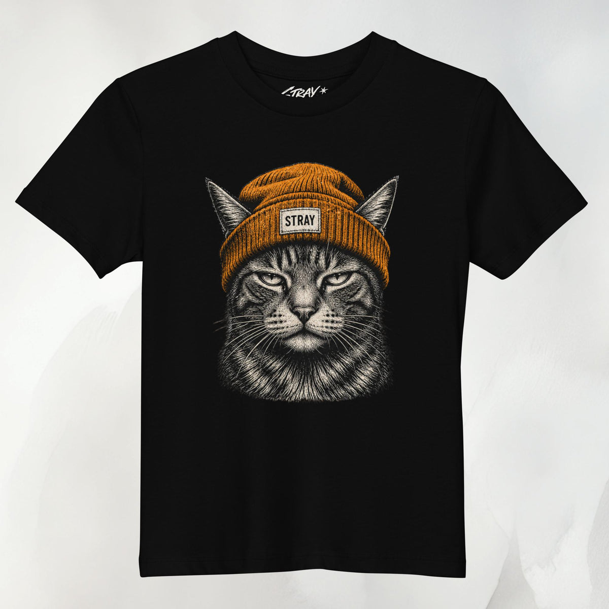 Ember Kids Tee in Schwarz mit Beanie-Cat-Print in Amber auf der Vorderseite